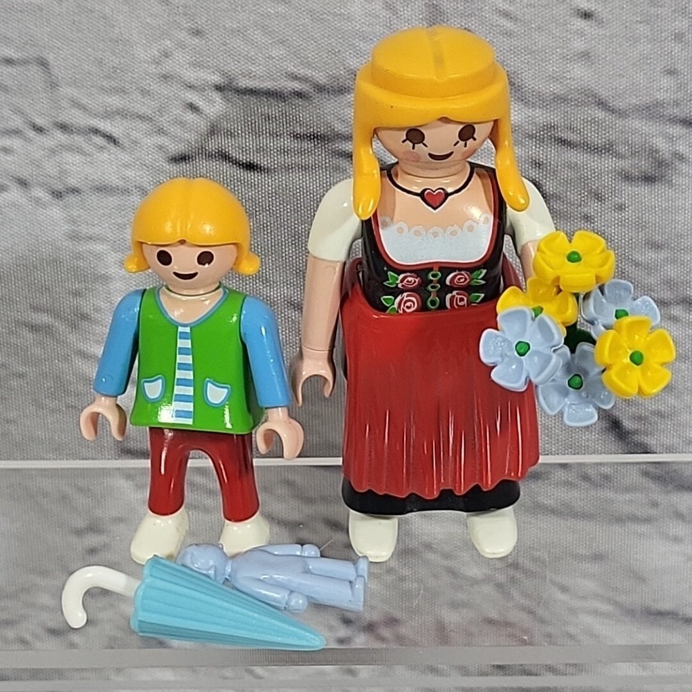 Playmobil Figures Lot Bavarian Flower Lady With Child Umbrella Doll Vintage